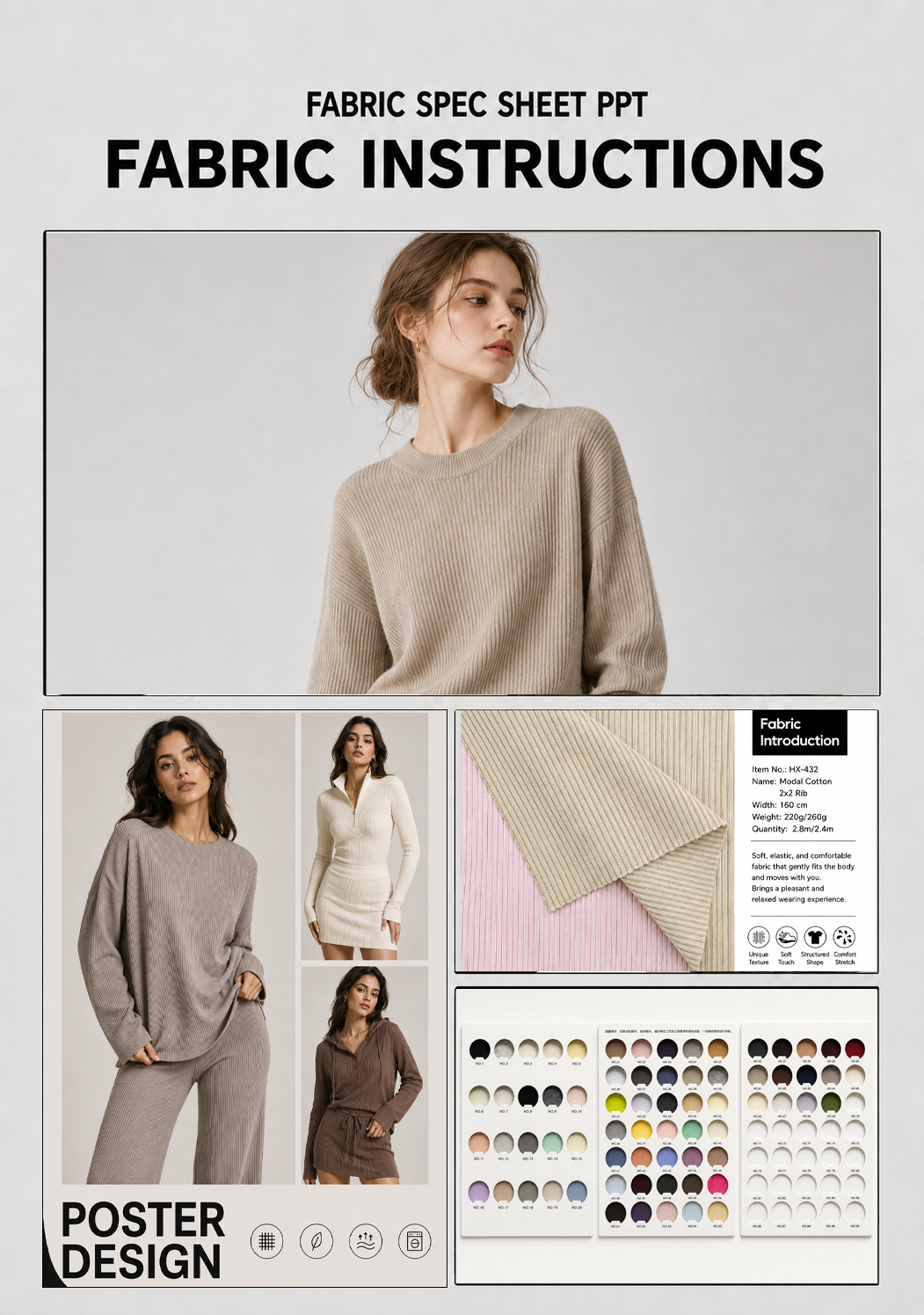 Knitted fabric applications, texture, and color swatches